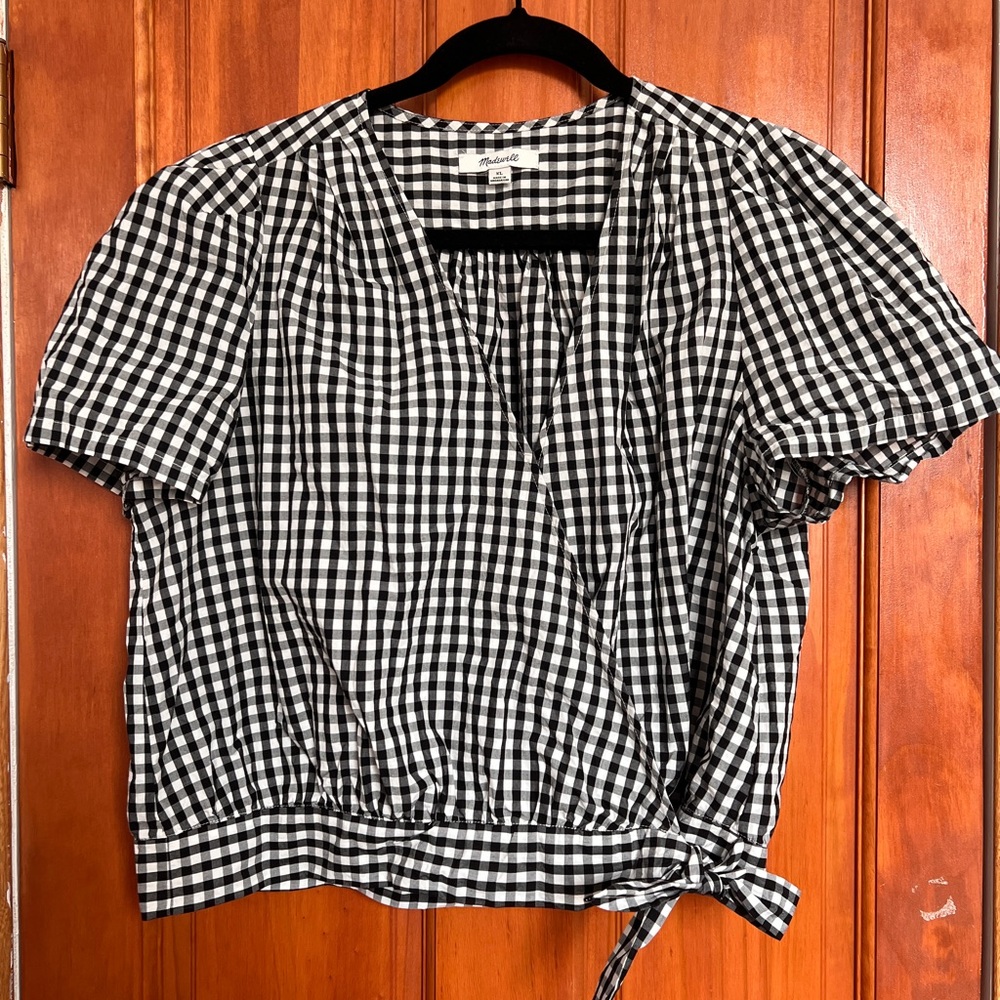 Madewell Black and White Checkered Wrap Blouse